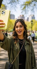 Fototapeta premium Happy young woman taking a selfie with a yellow smartphone in a sunny city park