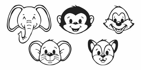 Cartoon animal faces including an elephant, monkey, fox, mouse, and squirrel in black and white