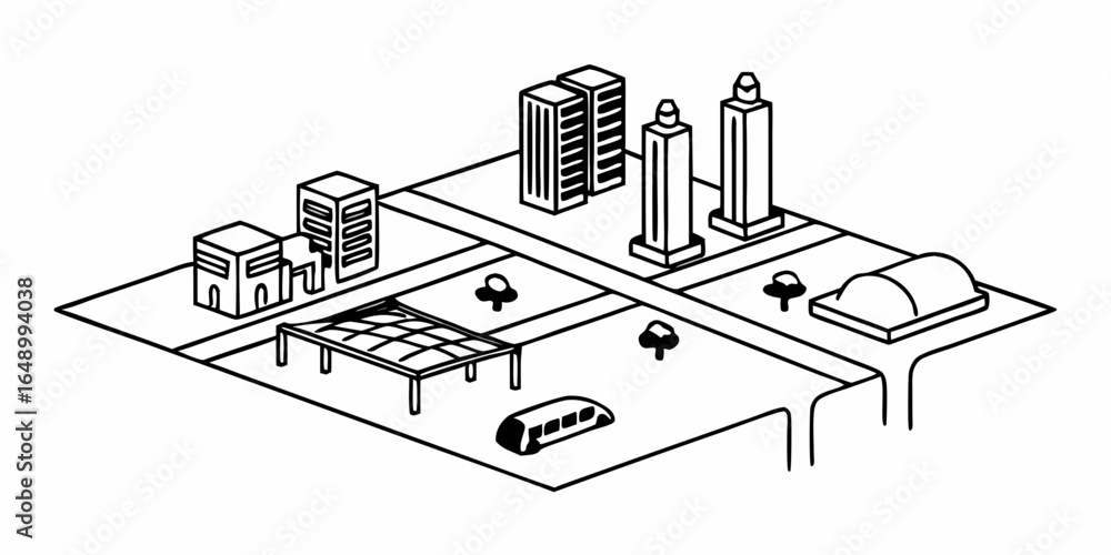 Poster isometric view of a city with buildings trees a bus and a covered structure in black and white line 