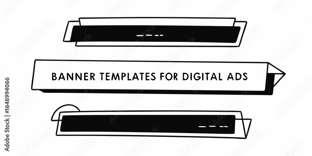 Poster illustration of three banner templates for digital ads with black fill and white background color sc