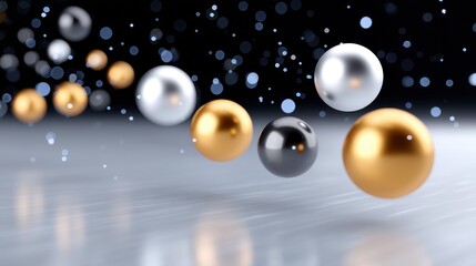 Shiny metallic spheres in gold, silver, and black, creating an elegant visual effect.