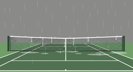 Fototapeta premium Illustration Of Tennis Court Being Rained On Showing The Impact Of Weather On Sports