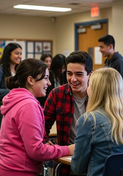 A group of diverse teenagers laughing and engaging in conversation, showcasing a positive social interaction in a classroom setting during the day