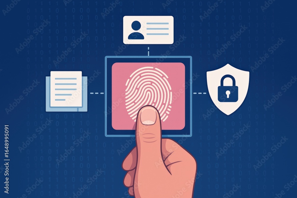 Poster fingerprint authentication scans a biometric id, ensuring robust digital security, alongside documen