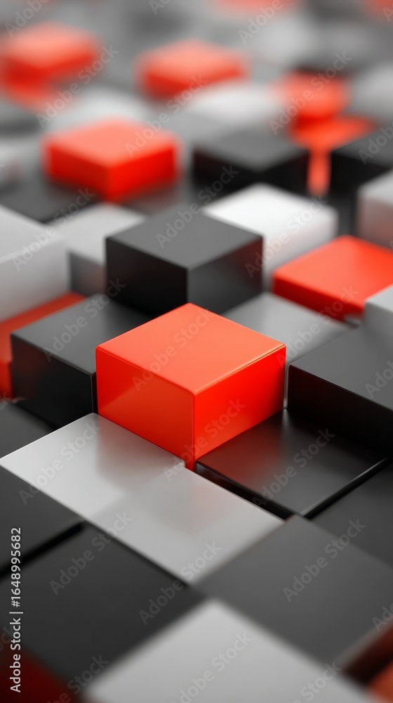 Poster a minimalist abstract geometric composition featuring vibrant red three dimensional cubes resting up