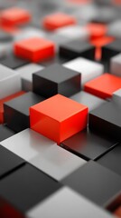 A minimalist abstract geometric composition featuring vibrant red three dimensional cubes resting upon perfectly arranged checkered pattern of alternating black and white squares.
