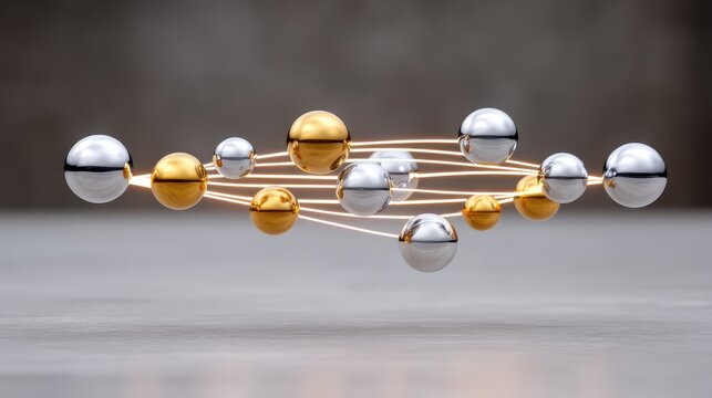 Abstract arrangement of metallic spheres connected by glowing lines. - Powered by Adobe
