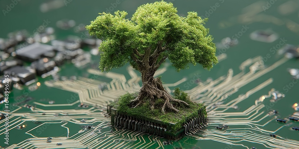 Poster ecological technology integration tiny green tree life emerging from microchips on modern surfaces