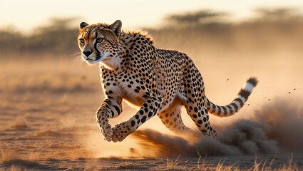 荒野を駆け抜けるチーターの迫力ある疾走シーンイラスト、スピード感あふれる野生動物アート