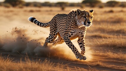 大自然の中を駆け抜けるチーター、スピードと優雅さを兼ね備えた野生動物アートワー