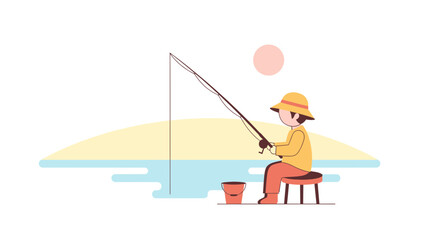 Illustration of a fisherman casting his fishing rod on a sunny day at the beach with a minimalist design perfect for children's books