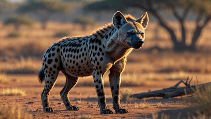 乾いた荒野に佇むハイエナ、孤高で野生的な雰囲気の動物イラスト