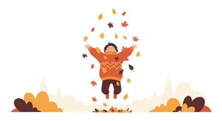 Naklejka premium Joyful Autumn Scene Featuring a Child Playing With Falling Leaves