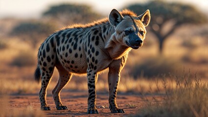 広大な砂漠を背景に佇むハイエナ、野生の生命力を感じさせるイラスト