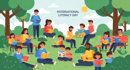 Obraz premium Diverse Community Engages in Reading Together Outdoors, Celebrating Literacy and Lifelong Learning