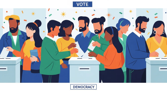 Diverse group of people casting votes in a polling station, symbolizing democracy and civic engagement.