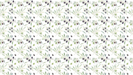 Obraz premium Watercolor olive branch and fruit repeat pattern