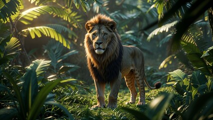 密林の中を歩く王者ライオン、力強さと野生美を描いたイラスト