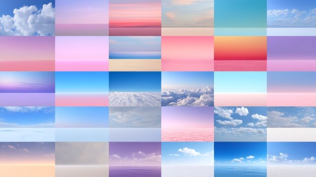 Mood board of minimalist sky and land scenes, soft pastel hues, for peaceful background concepts