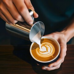 Skilled barista pouring steamed milk to create beautiful latte art on coffee