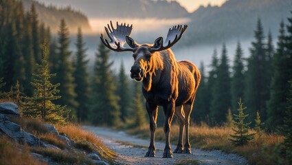 森の中を歩くヘラジカ、静寂と力強さを表現した野生動物イラスト