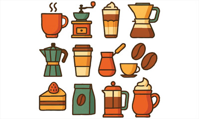 Vibrant Coffee and Dessert Icons Set for Cafe Design and Branding Projects