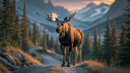 雄大な森の風景に佇むヘラジカ、野生の生命力を感じさせるイラスト