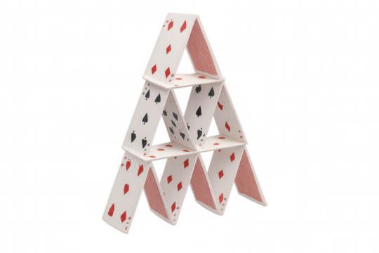 Delicate house of cards balancing precariously, symbolizing strategic planning and potential collapse on transparent backdrop
