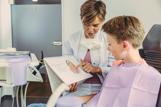 Female dentist showing illustration of a tooth to a boy