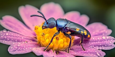 Fototapeta premium Vibrant Jewel Beetle Pollinates a Beautiful Flower, Showcasing Nature s Colorful Harmony in Detail