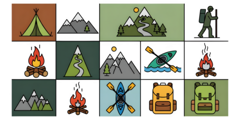 Camping and outdoor adventure vector icons set for travel and nature exploration trips