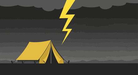 Illustration of camping tent under stormy sky with lightning strike adds drama and caution