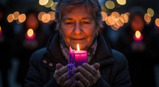 Elderly Woman's Silent Vigil A Solemn Moment of Reflection and Remembrance with Candlelight Glow World Peace Day & World Alzheimer's Day