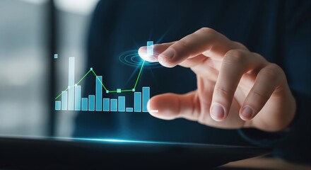 Businessman analyzing financial data growth on a futuristic virtual interface screen.