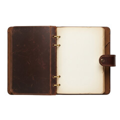 Illustration of open brown leather notebook with blank pages isolated on transparent background