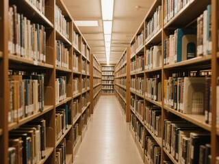 Library Aisle with Rows of Bookshelves