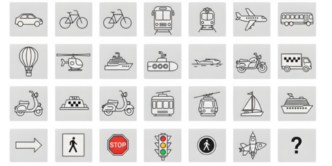 Transportation icons vector set collection of different transport vehicles and signs