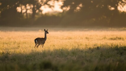 A deer stands gracefully in a sunlit meadow, surrounded by mist and tall grass.