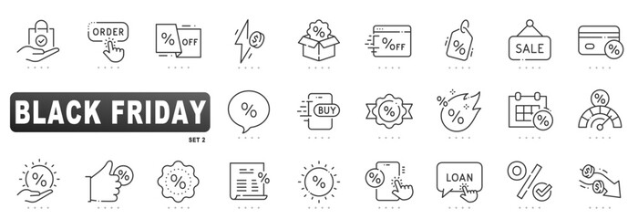 Black Friday outline icons with editable stroke for ecommerce sales: discount badges, tags, cashback, mobile checkout, price drops, coupons, loans