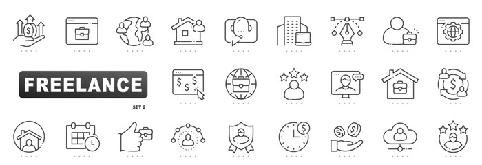 Freelance outline icons for remote work: portfolio, client, contract, payment, schedule, rating, communication, cloud tools. Editable stroke, clean professional design