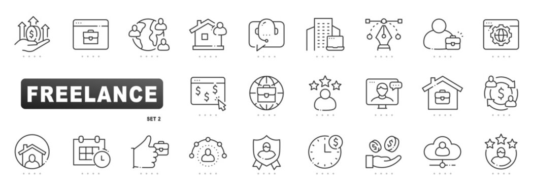 Freelance outline icons for remote work: portfolio, client, contract, payment, schedule, rating, communication, cloud tools. Editable stroke, clean professional design