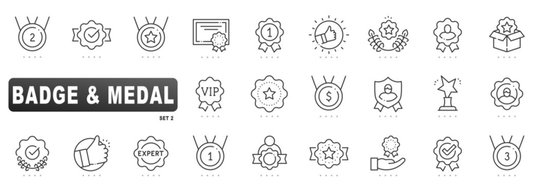 Clean badge and medal icons: award, trophy, star, VIP, verified, laurel, ranking, certificate. Outline line style with editable stroke collection