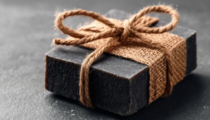 Handmade Dark Soap Bar Wrapped in Brown Burlap and Twine, Ideal for Rustic Decor and Unique Gifts.