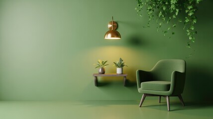 A stylish green armchair, plants on a shelf, and a golden lamp create a serene and inviting atmosphere indoors