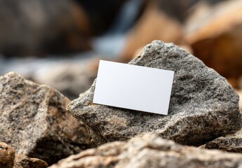Blank white business card resting on gray and tan rocks.  Blurred natural background of rocks and water