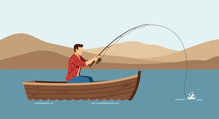 Naklejka premium Man Fishing From Boat On Calm Lake Surrounded By Rolling Hills Landscape