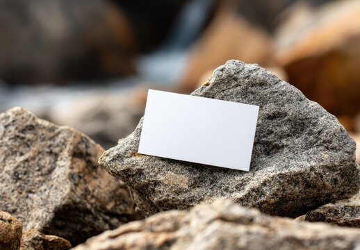 Blank white business card resting on gray and tan rocks. Blurred natural background of rocks and water