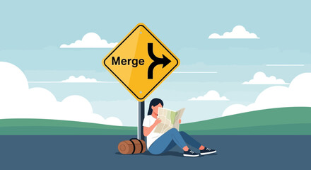 Lost On Her Adventure, A Woman Reads a Map While Resting Under Merge Sign