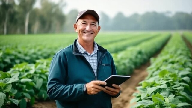 A farmer conducts crop management using a tablet in a vibrant green field. The setting showcases rows of healthy plants under blue skies, emphasizing modern agricultural practices