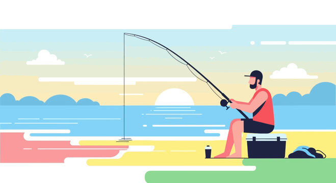 Man fishing on the beach at sunset, enjoying the tranquility of the ocean and the colorful sky. A perfect day for relaxing and pursuing hobbies